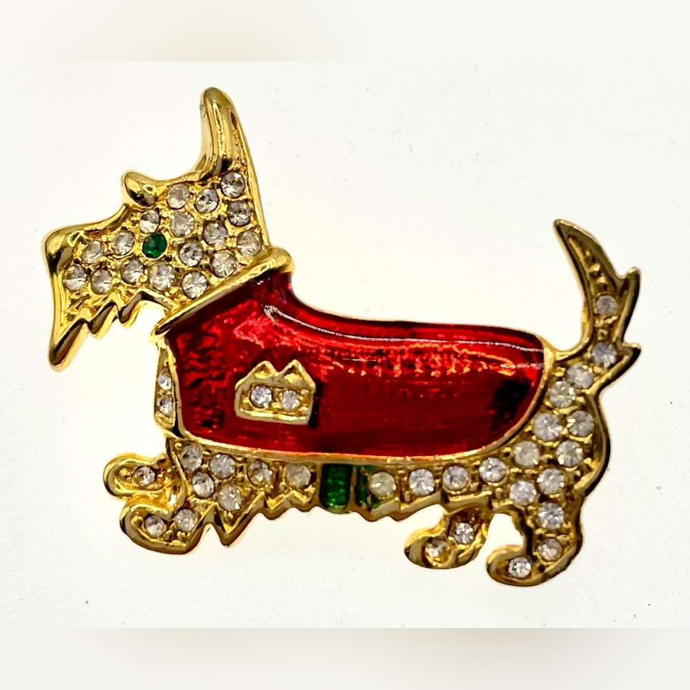 3 for $30 Scottie Dog Brooch Gold Tone Red Enamel Crystals Scatter Pin - Picture 2 of 5